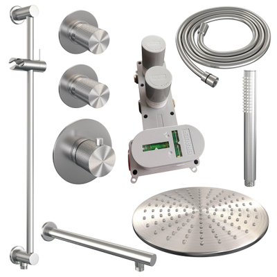 Brauer Douche pluie encastrée Carving brossé - douche principale 30cm - 3 boutons Carving - bras mural droit - glissière - douchette à main 1 fonction - PVD - inox brossé