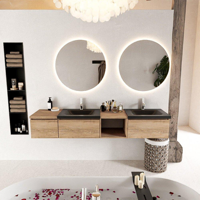 MONDIAZ BUKLA 200cm ensemble de meuble avec module ouvert 40 à droite couleur Chêne blanchi avec 3 tiroirs. Lavabo CLOUD double 2 trous de robinet couleur Urbain.