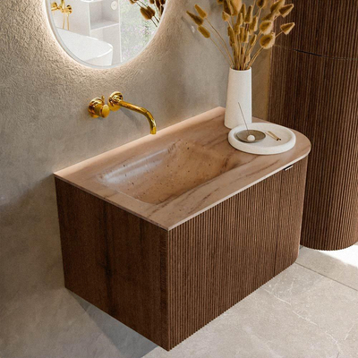 MONDIAZ KURVE-DLUX Meuble de salle de bains 75cm arrondi Droite couleur Walnut avec 1 tiroir et 1 porte. Lavabo GRUNNE Gauche sans trou de robinet Saba.