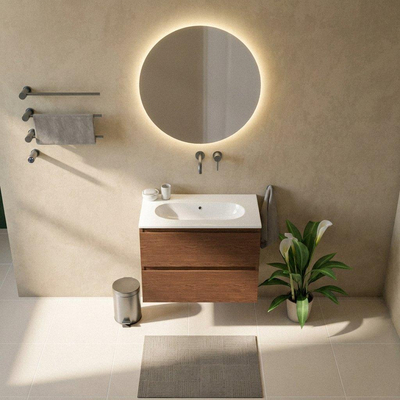 Saniclass Holz Pure Ensemble de meubles de salle de bains - 80x45x73.9cm - lavabo Chaci en céramique blanc - 1 vasque - sans trou de robinet - 2 tiroirs - noyer pure mat (bois)