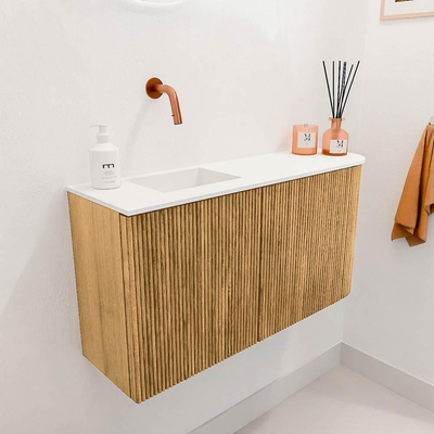 Mondiaz JOYA 81.6cm toiletmeubel - ronding rechts kleur Oak - Wastafel FAYE positie Links Zonder kraangat kleur Talc.