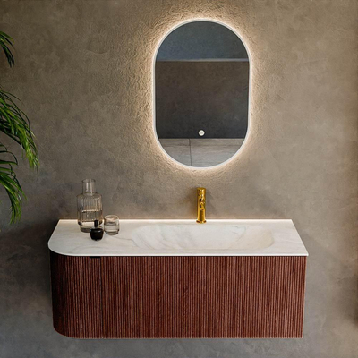 Mondiaz KURVE-DLUX Ensemble de meuble de salle de bains - 115x46x40cm - 1 tiroir - 1 porte - lavabo solid surface - droite - 1 trou de robinet - Ruby