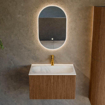 MONDIAZ KURVE 70cm Meuble salle de bain - couleur Walnut - 1 tiroir - vasque BIG SMALL centre - 1 trou de robinet - Talc