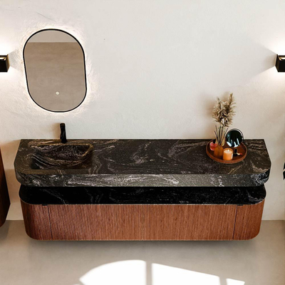 MONDIAZ THOR-DLUX Meuble de salle de bains - 200cm - arrondi gauche + droite - couleur Ruby - 2 tiroirs et 2 portes - Vasque suspendue CLOUD Gauche 1 trou de robinet - couleur Lava