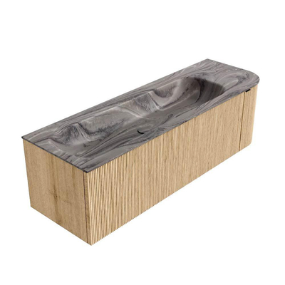 MONDIAZ KURVE-DLUX Meuble de salle de bains 145cm arrondi à droite couleur Chêne avec 1 tiroir et 1 porte. Lavabo BIG LARGE à gauche 2 trous de robinet Sombra.