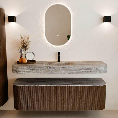 MONDIAZ THOR-DLUX 150cm badmeubel ronding links + rechts kleur Walnut met 1 lade en 2 deuren. Vrijhangende wastafel CLOUD Midden 1 kraangat kleur Oza.