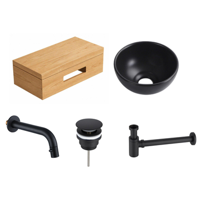Royal Plaza Terra pack lave-mains – 40 x 25 x 10 cm – bois noir – robinet noir mat – sandwood (chêne clair)