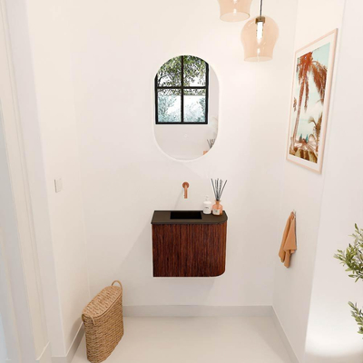 Mondiaz JOYA 51.6cm toiletmeubel - ronding rechts kleur Ruby - Wastafel FAYE positie Links Zonder kraangat kleur Urban.