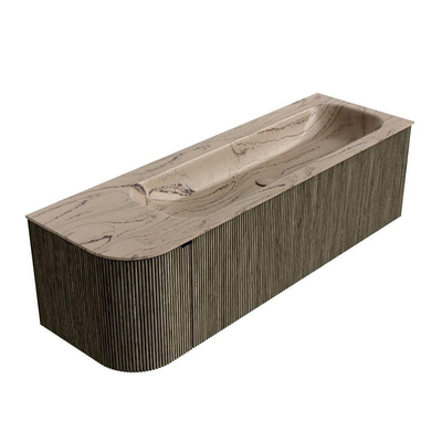 MONDIAZ KURVE-DLUX Meuble de salle de bains 145cm arrondi à gauche couleur Shadow avec 1 tiroir et 1 porte. Lavabo BIG LARGE à droite sans trou de robinet Arena.