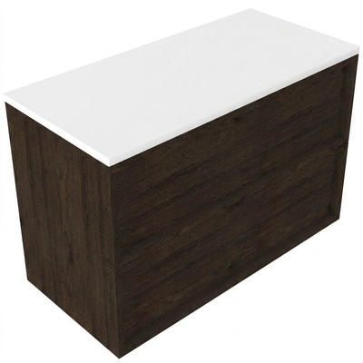 Saniclass Holz Frame Ensemble de meuble de salle de bains - 100x45x62.5cm - Plan de toilette Torino en solid surface blanc - sans trou de robinetterie - 2 tiroirs - chêne charcoal mat (bois)