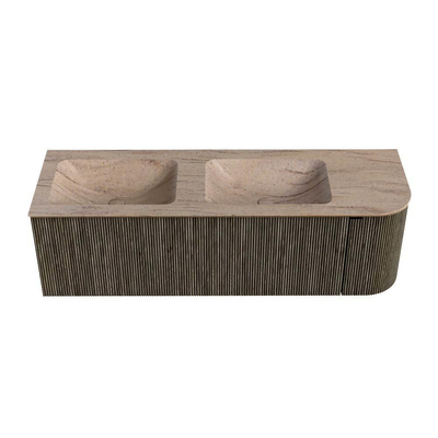 MONDIAZ KURVE-DLUX 145cm badmeubel ronding Rechts kleur Shadow met 1 lade en 1 deur. Wastafel LEAF Dubbel / Links 2 kraangaten Saba.