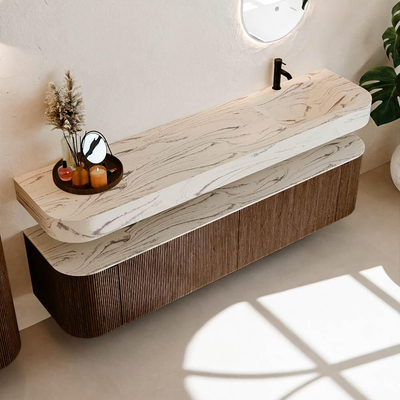 MONDIAZ THOR-DLUX Meuble de salle de bains 190cm arrondi gauche + droite couleur Walnut avec 2 tiroirs et 2 portes. Vasque suspendue CLOUD Droite 1 trou de robinet couleur Nata.