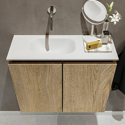 MONDIAZ TURE Fonteinset - 60x23x50cm - 0 kraangaten - 2 deuren - washed oak mat - Wasbak links - Solid Surface Wit