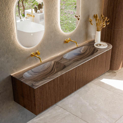 MONDIAZ KURVE-DLUX Meuble de salle de bains 175cm arrondi à droite couleur Walnut avec 2 tiroirs et 1 porte. Lavabo STOR SMALL Double / Gauche sans trou de robinet Sombra.