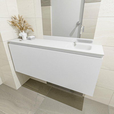 MONDIAZ OLAN Fonteinset - 120x30x40cm - 0 kraangaten - 1 lade - talc mat - wasbak rechts - Solid Surface Wit
