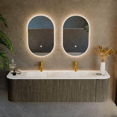 Mondiaz KURVE-DLUX Ensemble de meuble salle de bain - 170x46x40cm - 1 tiroir - 2 portes - lavabo en solid surface - double - 2 trous de robinet - Shadow