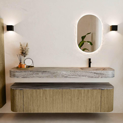 MONDIAZ THOR-DLUX 180cm meuble de salle de bains arrondi gauche + droite couleur Dusk avec 2 tiroirs et 2 portes. Vasque suspendue CLOUD Droite 1 trou de robinet couleur Oza.