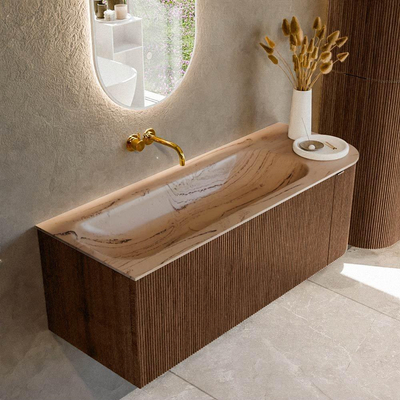 MONDIAZ KURVE-DLUX Meuble de salle de bains 125cm arrondi à droite couleur Walnut avec 1 tiroir et 1 porte. Lavabo BIG MEDIUM à gauche sans trou de robinet Arena.
