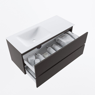 Mondiaz VICA ensemble de meuble de salle de bain - 110cm - meuble sous-vasque gris foncé - 2 tiroirs - lavabo cloud gauche - 1 trou de robinet - version haute de 60cm - talc