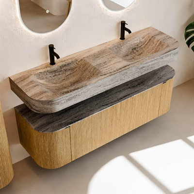 MONDIAZ THOR-DLUX 150cm meuble de salle de bains arrondi gauche + droite couleur Oak avec 1 tiroir et 2 portes. Vasque suspendue CLOUD Double 2 trous de robinet couleur Oza.