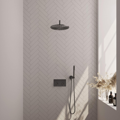BRAUER Gunmetal Carving inbouw regendoucheset – Ø30 cm hoofddouche – 40 cm gebogen wandarm – staafhanddouche – met omstel