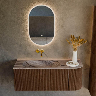 MONDIAZ KURVE-DLUX 115cm meuble de salle de bains arrondi Droite couleur Walnut avec 1 tiroir et 1 porte. Lavabo BIG SMALL Gauche sans trou de robinet Sombra.