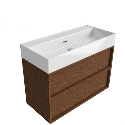 Saniclass Holz Frame Ensemble meuble de salle de bains - 100x45x72cm - Legend lavabo en céramique blanc mat - 1 vasque - 2 trous de robinetterie - 2 tiroirs - walnut pure mat (bois)