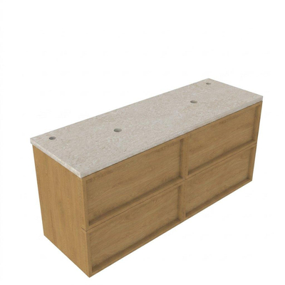 Saniclass Holz Frame Ensemble de meubles de salle de bains - 140x45x63cm - Plan de travail en pierre naturelle travertin - 2 trous de robinet - 4 tiroirs - chêne natural mat (bois)