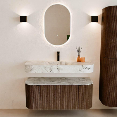 MONDIAZ THOR-DLUX 110cm badmeubel ronding links + rechts kleur Walnut met 1 lade en 2 deuren. Vrijhangende wastafel CLOUD Midden 1 kraangat kleur Glace.