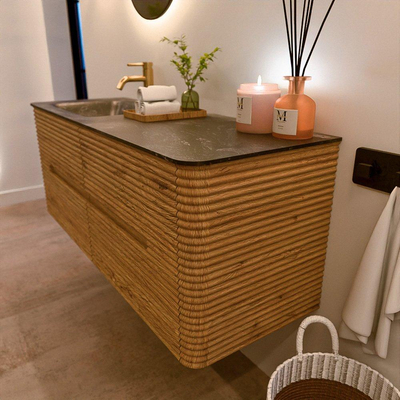 Mondiaz CIRO-DLUX Ensemble de meubles de salle de bains - 130x45x50cm - vasque solid surface Lava - 1 lavabo à gauche - 1 trou de robinet - 4 tiroirs - Chêne
