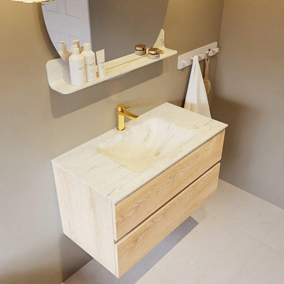 Mondiaz VICA-DLUX Ensemble de meuble de salle de bain - 90cm - meuble sous-vasque chêne blanchi - 2 tiroirs - lavabo encastré nuage milieu - 1 trou de robinet - version haute 60cm - opalo