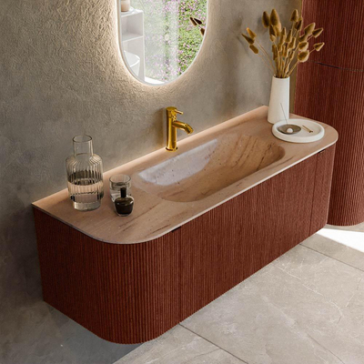 MONDIAZ KURVE-DLUX 130cm badmeubel ronding Links + Rechts kleur Ruby met 1 lade en 2 deuren. Wastafel BIG SMALL Midden 1 kraangat Saba.