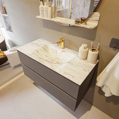 Mondiaz VICA-DLUX Ensemble de meuble de salle de bain - 100cm - meuble sous-vasque fumée - 2 tiroirs - lavabo encastré nuage milieu - 1 trou de robinet - version haute 60cm - glace