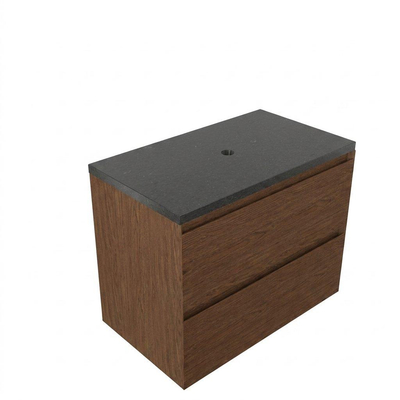 Saniclass Holz Pure Ensemble meuble de salle de bains - 80x45x63cm - plan vasque en basalte Noche poli (noir) - sans trou de robinet - 2 tiroirs - walnut pure mat (bois)