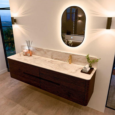 Mondiaz CIRO-DLUX Badkamermeubelset - 190x45x50cm - Solid surface wastafel Frappe - 1 wasbak Rechts - 1 kraangat - 4 lades - Walnut