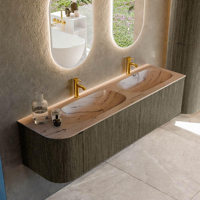 MONDIAZ KURVE-DLUX Meuble de salle de bains 165cm arrondi à gauche couleur Shadow avec 2 tiroirs et 1 porte. Plan-vasque STOR SMALL Double / Droite 2 trous de robinet Arena.