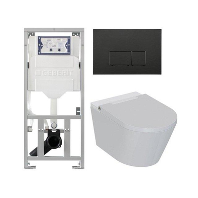 QeramiQ Luma Ensemble WC-douche - réservoir encastré Geberit UP320 - avec châssis Burda - sèche-cheveux - douchette féminine - plaque de commande en métal noir mat - boutons rectangulaires - blanc brillant