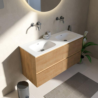 Saniclass Holz Atelier Ensemble de meubles de salle de bains - 120x45x61.5cm - lavabo Flow en solid surface blanc - 2 vasques - sans trous de robinetterie - 2 tiroirs - chêne natural mat (bois)