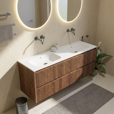 Saniclass Holz Atelier Ensemble meuble de salle de bains - 160x45x61.5cm - Flow lavabo en solid surface blanc - 2 vasques - sans trous de robinetterie - 4 tiroirs - noyer pur mat (bois)
