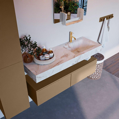 Mondiaz ALAN-DLUX Ensemble de meuble - 130cm - meuble Oro mat - 2 tiroirs - Lavabo Cloud Frappe suspendu - vasque Droite - 1 trou de robinet