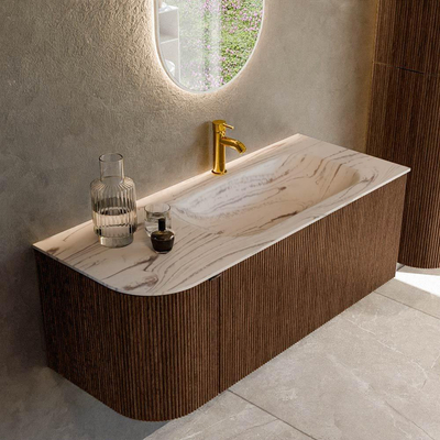 MONDIAZ KURVE-DLUX Meuble de salle de bains 115 cm arrondi à gauche couleur Walnut avec 1 tiroir et 1 porte. Lavabo BIG SMALL à droite 1 trou de robinet Nata.