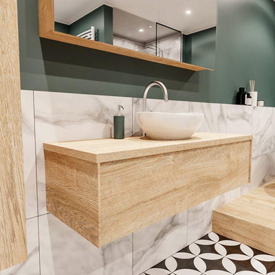 ENSEMBLE DE MEUBLE MONDIAZ LUSH - 120cm - 1 tiroir - lavabo BARCO - vasque centrale - 1 trou de robinet - chêne blanchi
