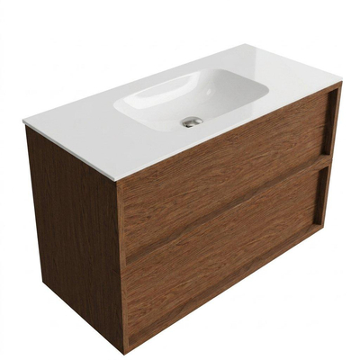Saniclass Holz Frame Ensemble meuble de salle de bains - 100x45x61.5cm - Flow lavabo en solid surface blanc - 1 vasque - sans trou de robinet - 2 tiroirs - walnut pure mat (bois)
