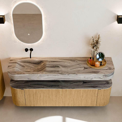 MONDIAZ THOR-DLUX 170cm badmeubel ronding links + rechts kleur Oak met 1 lade en 2 deuren. Vrijhangende wastafel CLOUD Links zonder kraangat kleur Sombra.