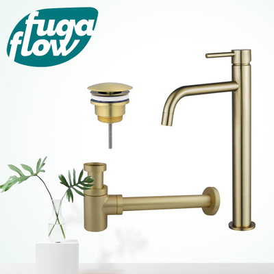 FugaFlow Eccelente Sobrado Badkamer Slim Wastafelkraanset - verhoogde wastafelkraan - always open plug - verlaagde design sifon - PVD Geborsteld Messing