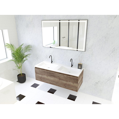 HR Matrix ensemble meuble de salle de bain 3d 120cm 1 tiroir sans poignée avec bandeau couleur charleston avec vasque fine double 2 trous de robinetterie blanc mat