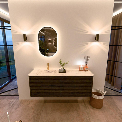 Mondiaz CIRO-DLUX Ensemble meuble de salle de bains - 140x45x50cm - Vasque solid surface Nata - 1 lavabo à gauche - 1 trou pour robinet - 4 tiroirs - Shadow