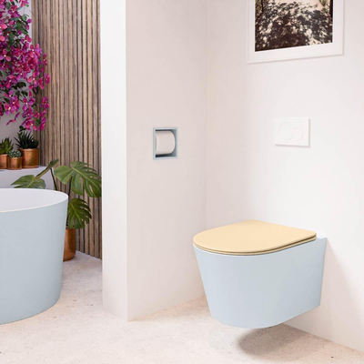 Mondiaz LAVIE WC suspendu – sans bride – 36 x 53 cm – avec abattant softclose – Clay (bleu clair/gris), abattant Sand (beige)