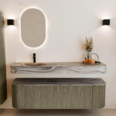 MONDIAZ THOR-DLUX 160cm meuble de salle de bains arrondi gauche + droite couleur Shadow avec 1 tiroir et 2 portes. Vasque suspendue CLOUD Gauche 1 trou de robinet couleur Sombra.