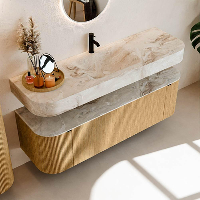 MONDIAZ THOR-DLUX 150cm badmeubel ronding links + rechts kleur Oak met 1 lade en 2 deuren. Vrijhangende wastafel CLOUD Midden 1 kraangat kleur Frappe.